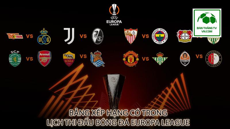 Bảng xếp hạng có trong lịch thi đấu bóng đá Europa League